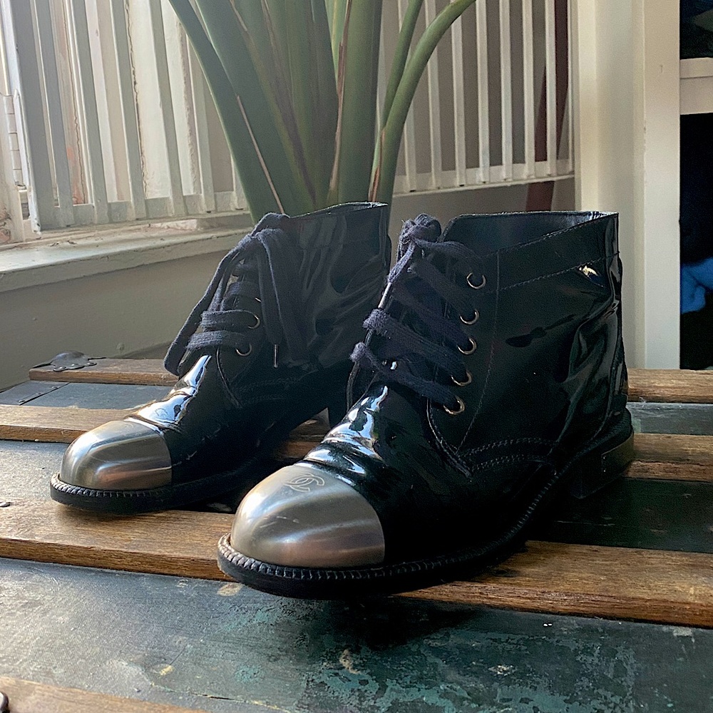 Chanel black patent leather, steel toe boots- used. Size EU-36